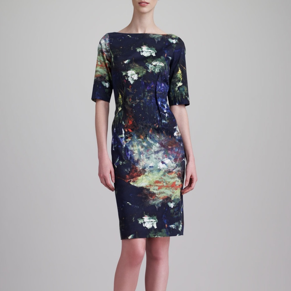 Lela Rose Claire Impressionism Abstract Brushstroke Print Boatneck Sheath Dress